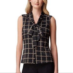 Tahari | Black Chain Print Sleeveless Tie Neck Blouse Top